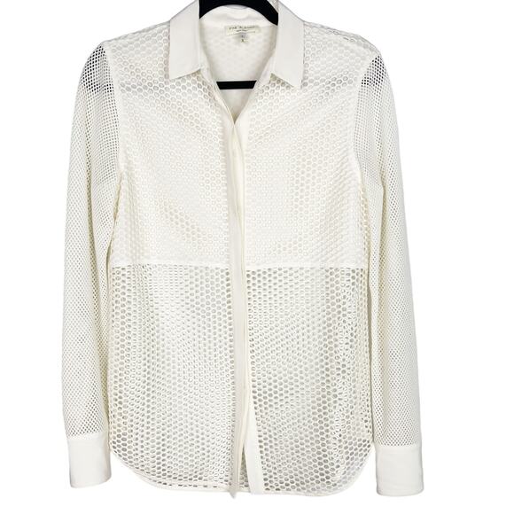 Rag & Bone Womens Small S White Luna Long Sleeve Mesh Top Blouse Button Front - Picture 1 of 13